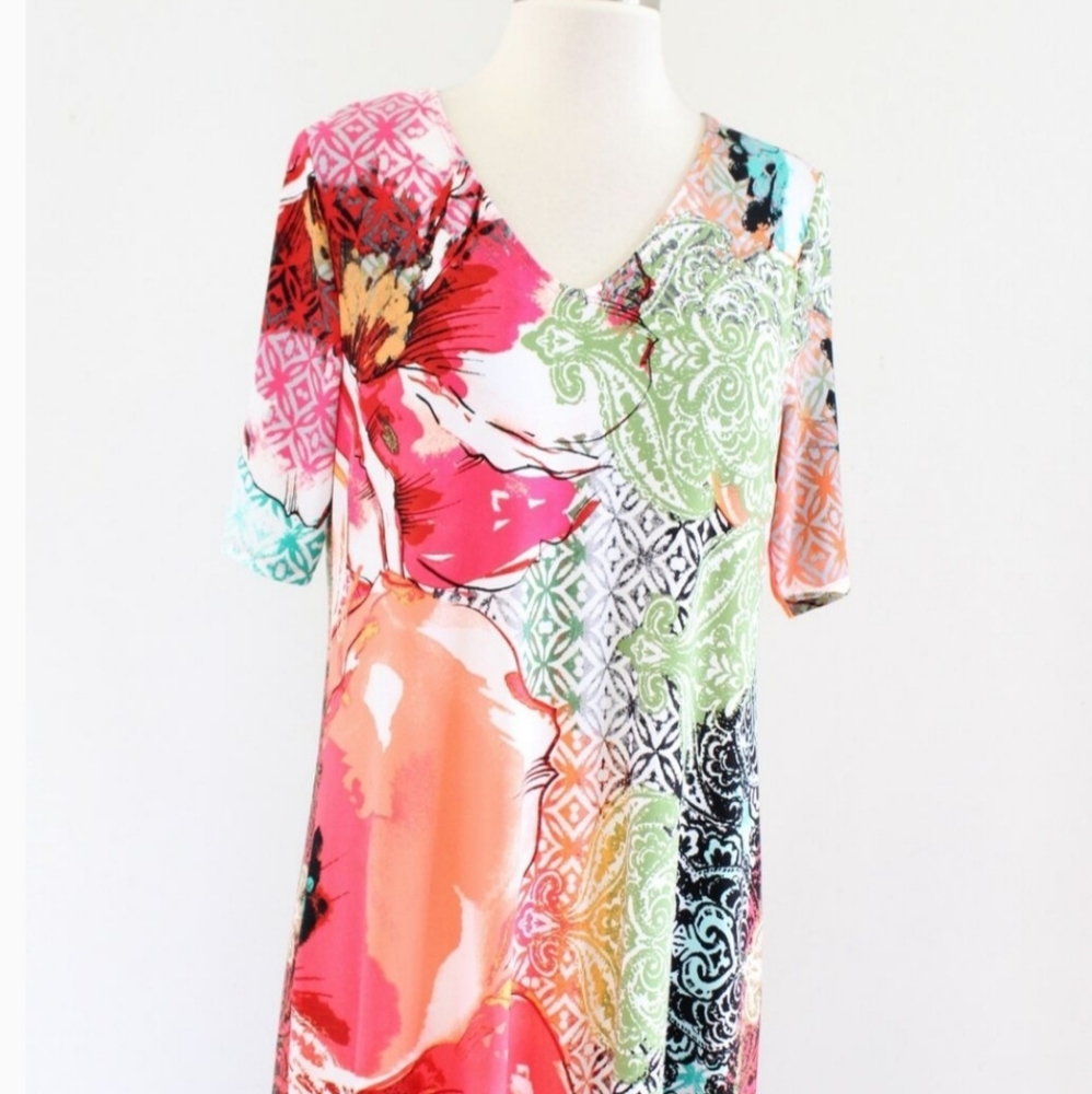 Chico's Geometrical Floral Print Cross Back Shift Dress XL
